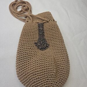 Varsha Patel Crochet Drawstring Crossbody Bag Braided Straps Aged Silver Detail